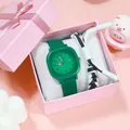 Grüne quadratische Quarz-Armbanduhr für Schüler mit Armband in rosa Geschenkkarton - Grün