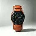 Detailed shot of men's military-style quartz watch with brown leather Bund strap - Light Brown