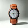 Macro detail showing the large white dial and brown leather strap of this military quartz watch - Light Brown White