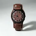 Detail view of professional military style men's quartz watch with brown leather strap - Dark Brown