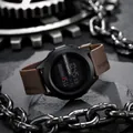 Macro view of a rugged digital sports watch with brown strap and metallic chains background - Coffee