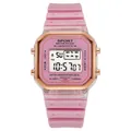 Detailed view of pink digital sports watch with rose gold bezel and LED display - Purple