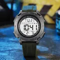 Detailed view of a rugged military green digital watch with a gray octagonal case - Army Green