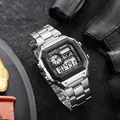 Detailed shot of men's digital watch with silver steel strap and world map display screen - Silver