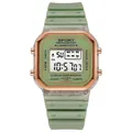 High-quality detailed close-up of green square digital sports watch with rose gold bezel - Green