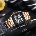 Detailed view of men's rose gold square digital watch with LED display and steel band - Rose Gold