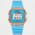 Detailed macro view of a light blue square digital sports watch with a rose gold bezel - Blue