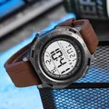 Close-up of multifunctional digital watch face with brown strap and WR30M water resistance. - Brown