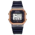 Detalle de reloj digital cuadrado para mujer con bisel en oro rosa y correa azul marino - Negro