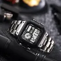 Detail view of square digital watch with stainless steel strap and world map display - Black