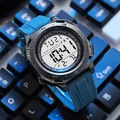 Detailed macro view of a blue digital sports watch with multi-function LCD screen - Aquamarine