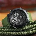 Detail view of waterproof digital sports watch with green strap on braided rope - Green