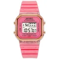 Primer plano de un reloj deportivo digital rosa con bisel cuadrado dorado - Rosa rojo