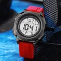 Close-up of a multifunctional digital sports watch with a red strap and grey case - Red