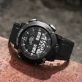 Detailed close-up view of a rugged black digital sports watch with multiple functions - Black