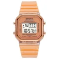Primer plano detallado de un reloj deportivo digital cuadrado color melocotón impermeable - Naranja