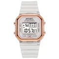 Close-up detail of white square digital sports watch featuring rose gold bezel and LED display - White