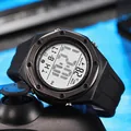 Macro detail of a men's digital sports watch with black rubber strap and metallic bezel - Black