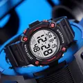 Detailed view of a multi-functional digital sports watch with black and red bezel - Black Red