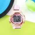 Pink waterproof digital sports watch for girls with rose gold accents and cat dial - Pink