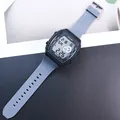 Multifunctional waterproof digital sports watch with square black case and grey strap - Sky Blue