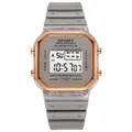 Vista macro detallada de un reloj deportivo digital LED gris con bisel de color oro rosa. - Gris