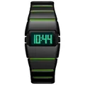 Vista dettagliata dell'orologio digitale retrò stile Y2K con cinturino nero e luce verde - nero e verde