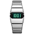 Vooraanzicht van een zilveren Y2K retro digitaal horloge met lichtgevend groen LED-scherm. - Zilver