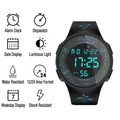 Black waterproof luminous sports digital watch with functional icons for students - Lightning Blue