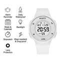 Minimalist white digital sports watch with 5ATM waterproof and backlight features - White