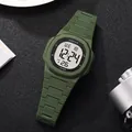 Close-up of military green digital sports watch featuring waterproof dial and silicone strap - Army Green