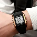 Waterproof black digital sport watch with rose gold accents and LED display on wrist - Rose Gold