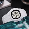 Detailed macro view of a white waterproof digital sports watch featuring a square dial - White