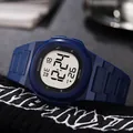 Close-up of waterproof men's sports digital watch with blue strap and square LCD display - Blue
