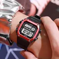 Retro square digital sports watch with red metallic bezel and luminous display for men - Red
