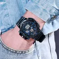 Men's waterproof dual-display sports watch with LED backlight and blue accents on wrist. - Blue