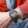 Stylish square digital sports watch with grey rubber strap and camouflage bezel detail - Gray