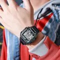 Fashionable square digital sports watch with camouflage pattern on male model's wrist - Black