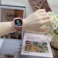 Sporty pink square digital LED watch featuring cartoon astronaut screen display - Pink