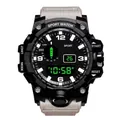 Montre de sport numérique d'extérieur noire avec bracelet en nylon gris et écran vert - Blanc Cassé