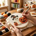 Close-up of Halloween ghost and pumpkin embroidery kit being handcrafted with needle - Ghost
