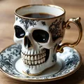 Nahaufnahme der royalen Totenkopf-Kaffeetasse mit Goldrand und Vintage-Blumenmuster - Stil A / Ohne Teller