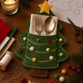 Christmas tree felt cutlery holder with fork and spoon on rustic wooden table background - Christmas Tree Style