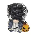 Detailed view of Halloween gnome figurine with bride style hair and pumpkin. - Frankenstein Bride Style