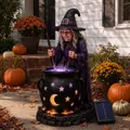 Detailansicht des leuchtenden Halloween Hexenkessels mit Solarlicht für die Gartendekoration - Hexenlampe