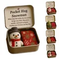 Detailed view of handmade Christmas Pocket Hug snowman figurine in a portable tin box - Snowman