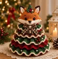 Primo piano di un albero di Natale all'uncinetto con volpe, fiocco e campanello - Volpe