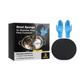 Set de 3 esponjas de acero esmerilado redondas y guantes de cocina azules para ollas - 3 Esponjas y 1 Par de Guantes / Juego de Esponja Negra y Guantes Azules