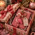 Close-up of a festive flamingo keychain with Christmas hat in a decorative gift box - Flamingo Gift Box / Flamingo