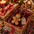 Detailed view of a gingerbread man keychain inside a festive and decorative Christmas gift box. - Gingerbread Man Gift Box / Gingerbread Man